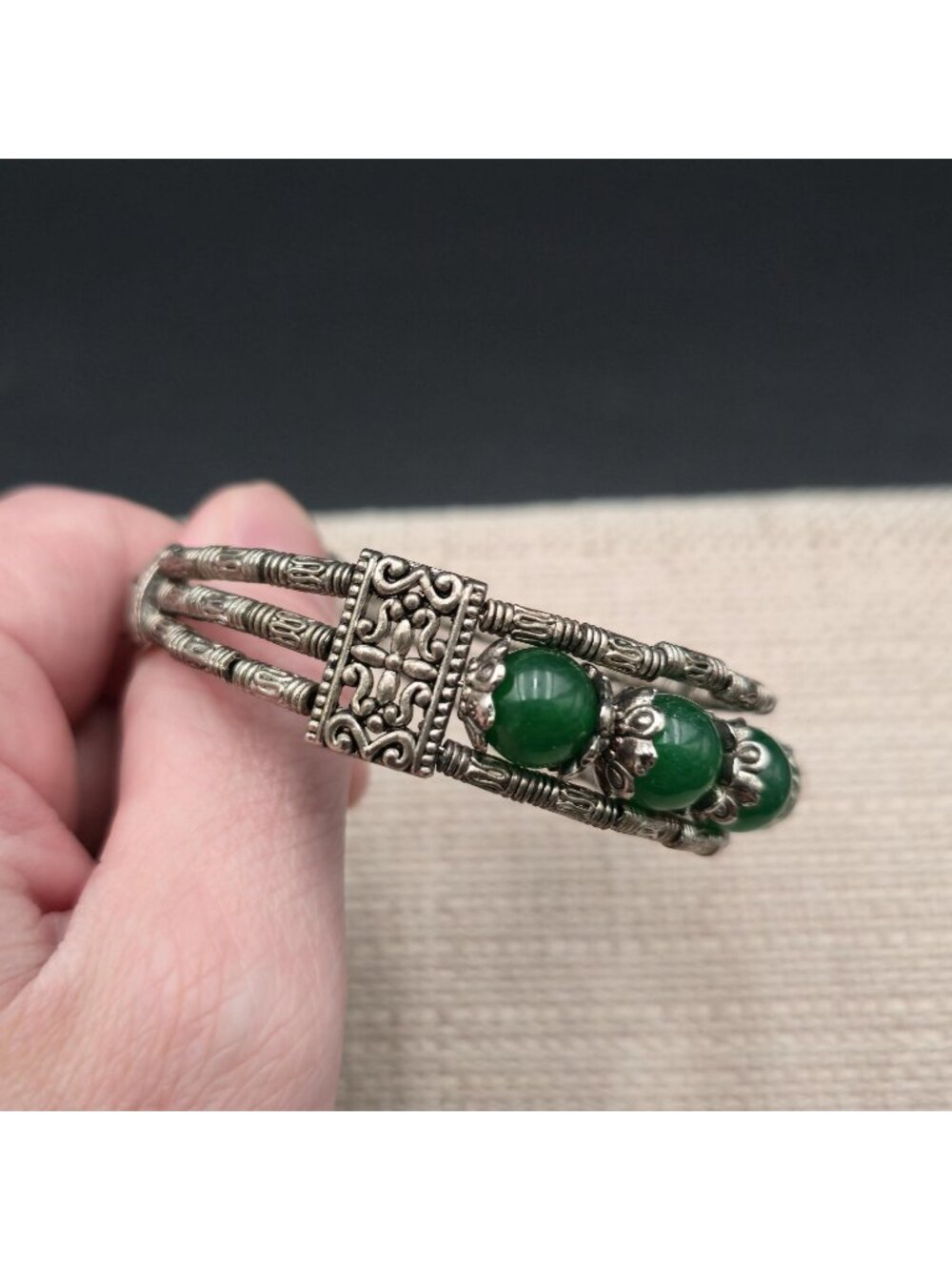 7 Inch Vintage Green Jade Bead Filigree Multi-Strand Cuff Bracelet B1530 - Picture 3 of 6